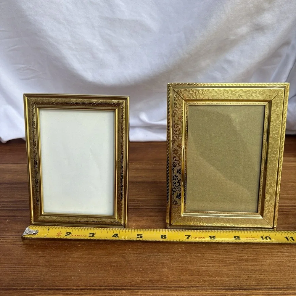 2pc Gold Tone Small Picture Frame Set Ornate Decorative Vintage Style
